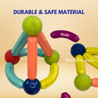 MagniBlocks™ by Toyfetti are assembled into geometric shapes on a light background. Durable & Safe Material is in bold at the top. The handle @misfitsouls appears—Toyfetti’s MagniBlocks™: an ideal educational toy for creative minds.
