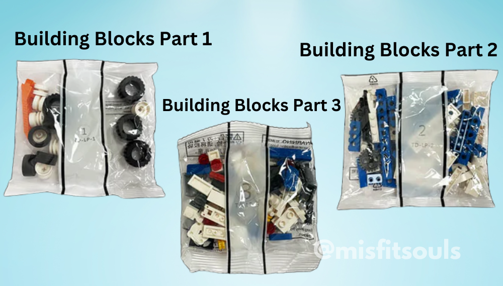 Three clear bags labeled Part 1, Part 2, and Part 3 hold assorted blocks and wheels from the Toyfetti Misfit BuildMaster 30-in-1 STEM Building Blocks Set (150+ pieces), displayed on a blue gradient background.