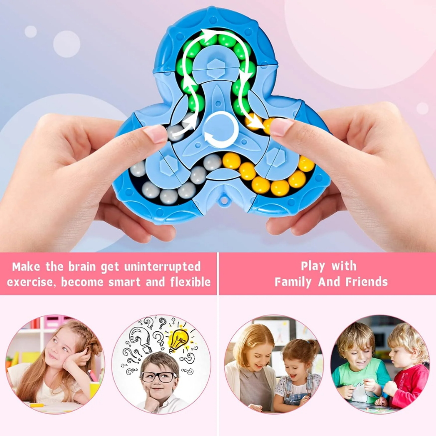 Two hands hold the Toyfetti BrainBounce Rotating Logic Spinner – a blue focus toy & puzzle with colorful beads. Below, text says “Exercise your brain, get smart and flexible” and “Play with Family & Friends” with fun images.