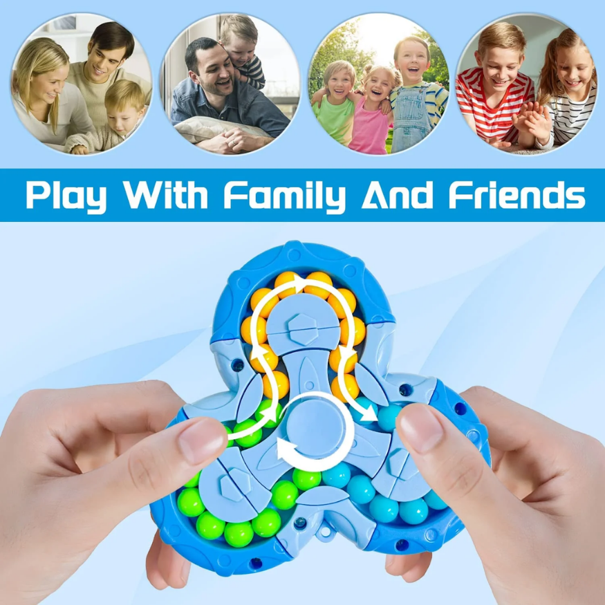 Two hands hold a Toyfetti BrainBounce Rotating Logic Spinner—2-in-1 focus toy & puzzle game with colorful beads. Above, four circular photos show smiling families and friends. Text on blue reads: Play With Family And Friends.