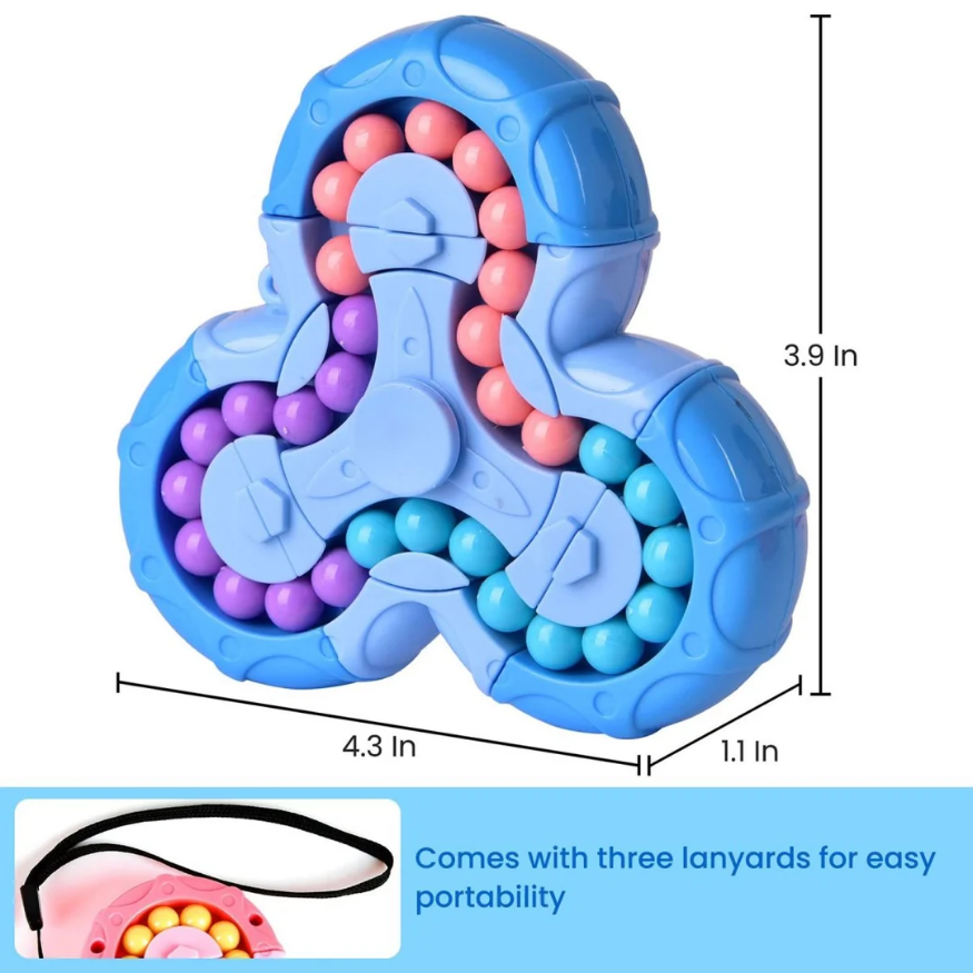 The Toyfetti BrainBounce Rotating Logic Spinner is a blue sensory toy with three colorful bead tracks (pink, purple, blue), measures 4.3 x 3.9 x 1.1 inches, and comes with three black lanyards—perfect as a portable fidget game for all ages.