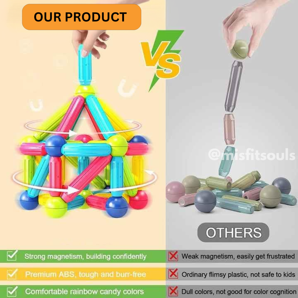 A comparison image shows Toyfetti MagniBlocks™ forming a stable, colorful structure, while dull sticks labeled OTHERS collapse. Key features and benefits of each magnetic building toy are listed at the bottom.