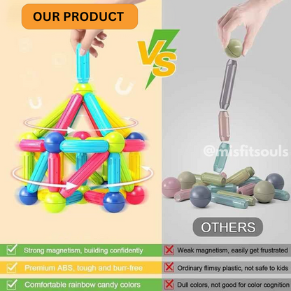 A comparison image shows Toyfetti MagniBlocks™ forming a stable, colorful structure, while dull sticks labeled OTHERS collapse. Key features and benefits of each magnetic building toy are listed at the bottom.