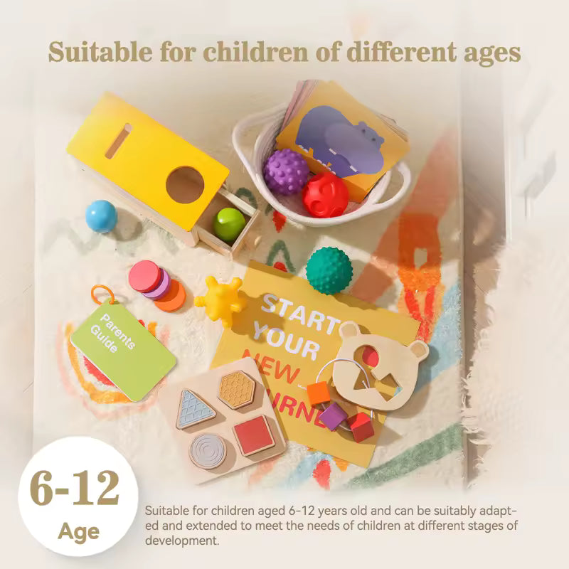 Montessori Macaron Play Kit (0–16 Months) – Wooden Drawer Box, Busy Drum & Shape Sorter Toy Set