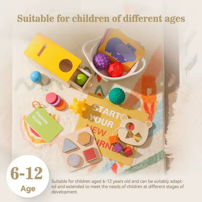 Montessori Macaron Play Kit (0–16 Months) – Wooden Drawer Box, Busy Drum & Shape Sorter Toy Set