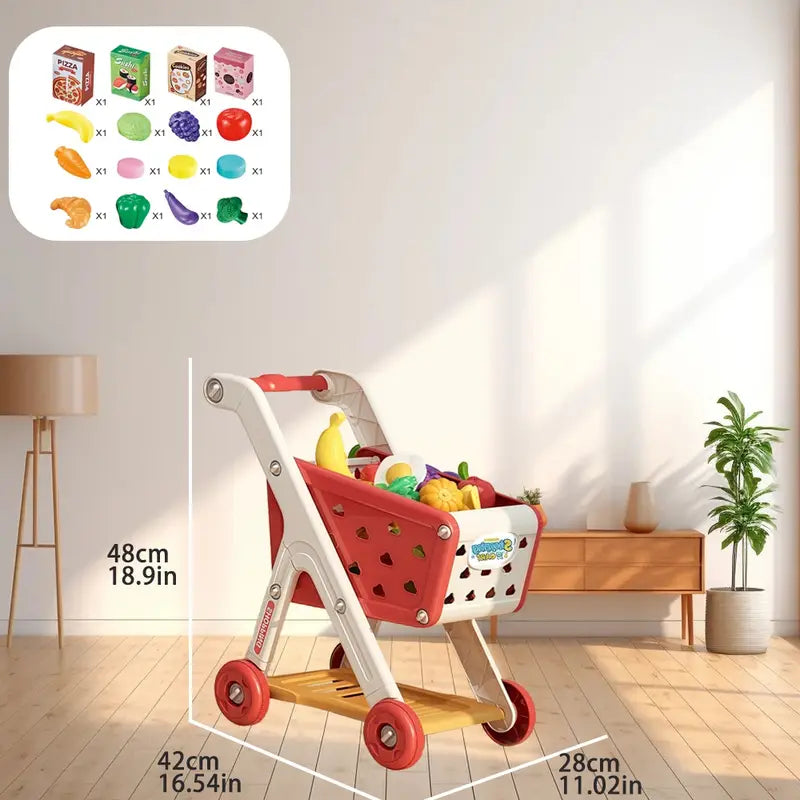 Mini Supermarket Shopping Cart Play Set — 17pcs/26pcs Role Play Food Toy for Kids