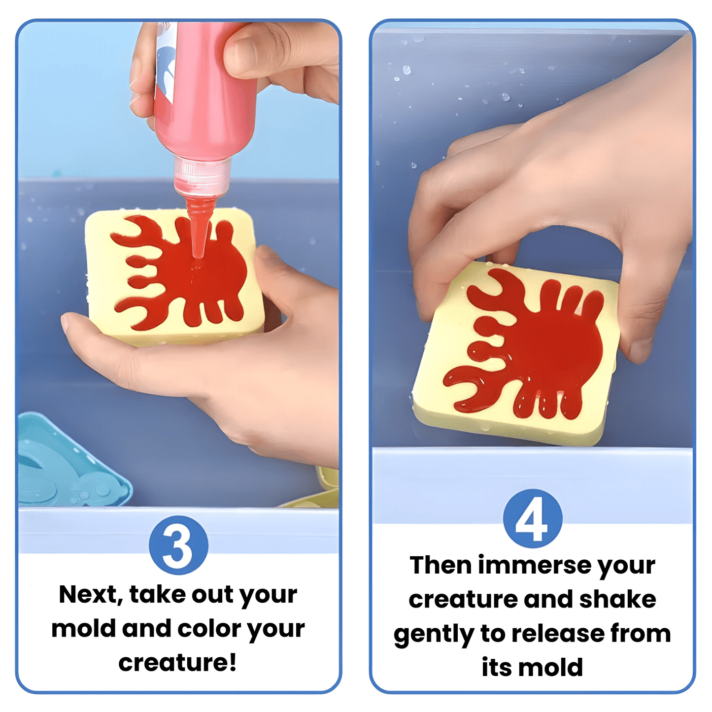 Step 3 shows a hand coloring an animal mold with red liquid from the Toyfetti Magic Water Wonder Kit – Create Colorful 3D Animals with Just Water. Step 4 features sensory play as the mold is dipped in water to release the colored animal.