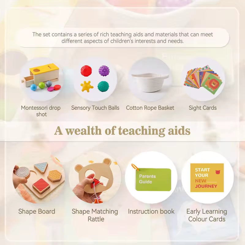 Montessori Macaron Play Kit (0–16 Months) – Wooden Drawer Box, Busy Drum & Shape Sorter Toy Set