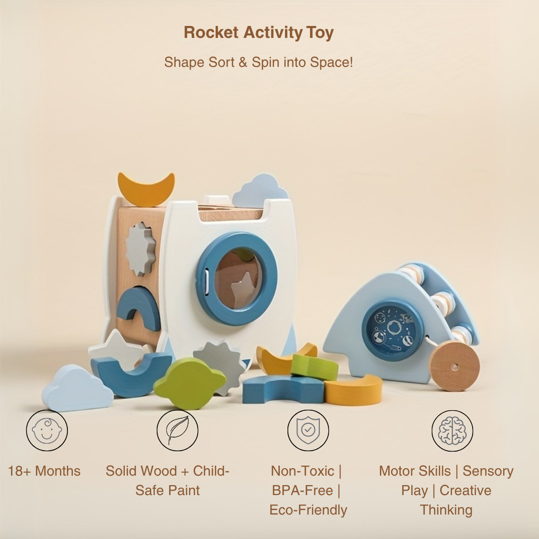 The Toyfetti Rocket Activity Toy – Wooden & Silicone Montessori Space Learning features colorful shapes, clouds, and a moon for sorting. Safe and eco-friendly, its designed for sensory and motor skill development in children 18+ months.