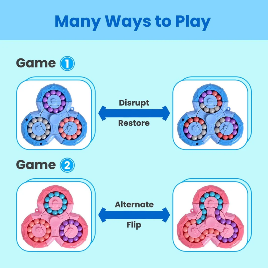 Instructional graphic shows the Toyfetti BrainBounce Rotating Logic Spinner—two sensory toys with colorful circles. Game 1: rearrange and solve the logic puzzle; Game 2: fidget by flipping and alternating. Title: Many Ways to Play.