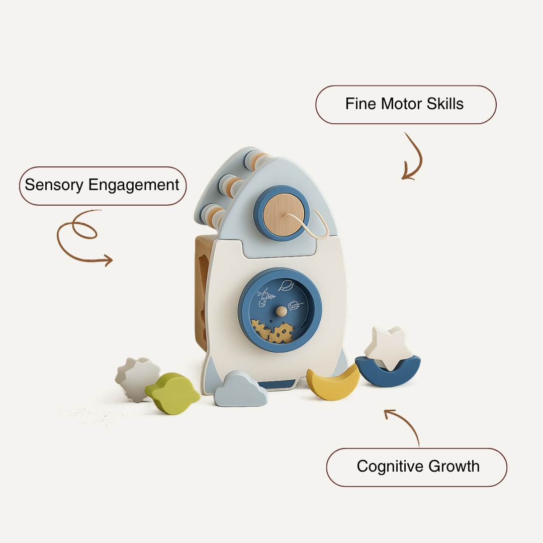 The Toyfetti Rocket Activity Toy – Wooden & Silicone Montessori Space Learning is a rocket-shaped toy with colorful geometric pieces that enhance sensory engagement, fine motor skills, and cognitive growth. Pieces are scattered in front of the toy.