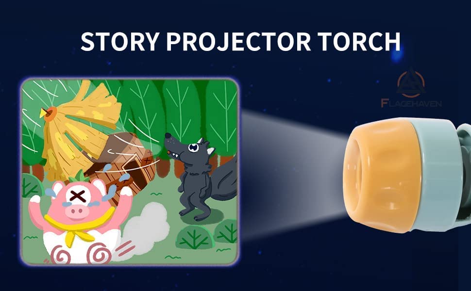 The Toyfetti StoryLight Projector – Magical Bedtime Torch projects a cartoon pig with swirly cheeks fleeing a wolf blowing down a straw house, among trees and bushes—perfect for bedtime routines and inspiring creativity.