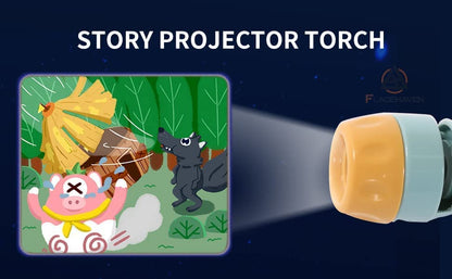 The Toyfetti StoryLight Projector – Magical Bedtime Torch projects a cartoon pig with swirly cheeks fleeing a wolf blowing down a straw house, among trees and bushes—perfect for bedtime routines and inspiring creativity.