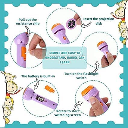 Instructional graphic shows hands using Toyfettis StoryLight Projector – Magical Bedtime Torch, with steps to insert a chip, switch it on, and rotate for 48 different scenes. Simple to use—perfect for creative bedtime storytelling routines.