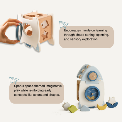 The Toyfetti Rocket Activity Toy – Wooden & Silicone Montessori Space Learning features shape-sorting holes, a removable top, and colorful pieces to inspire sensory play, imaginative exploration, and learning of colors and shapes.