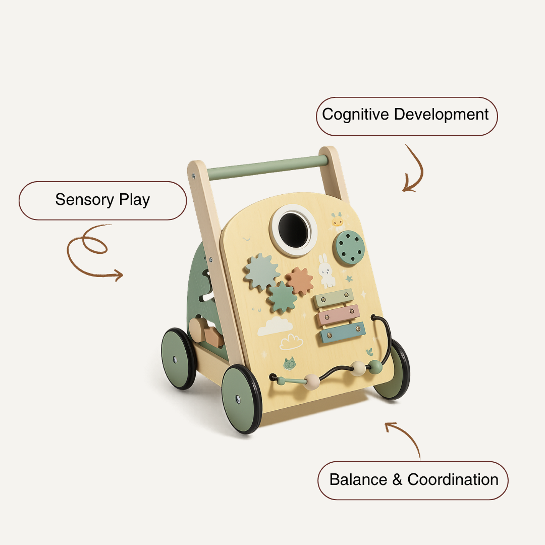 Montessori Baby Walker – 7-in-1 Wooden Push Toy with Xylophone, Gears & Shape Blocks