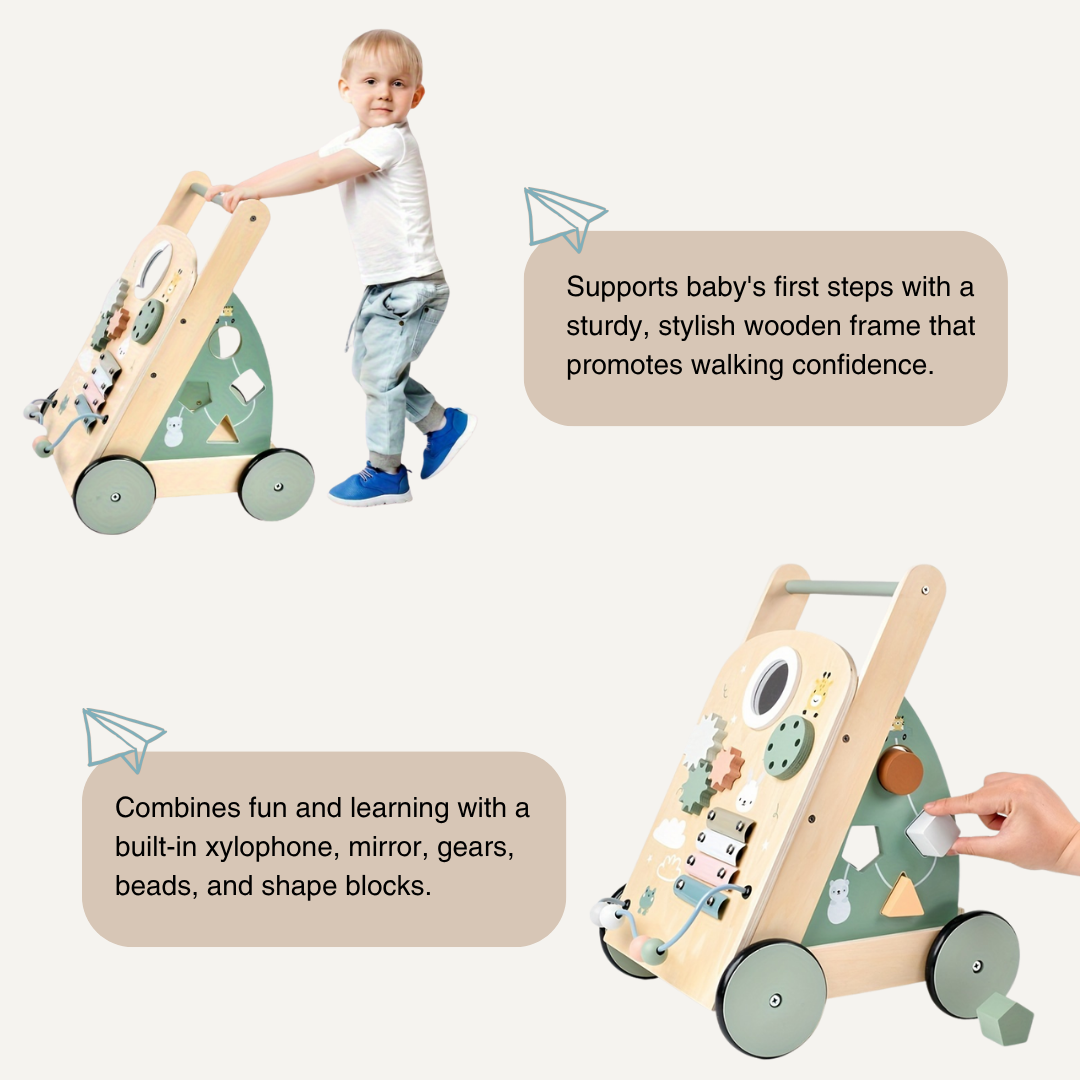 Montessori Baby Walker – 7-in-1 Wooden Push Toy with Xylophone, Gears & Shape Blocks