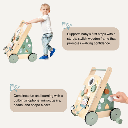 Montessori Baby Walker – 7-in-1 Wooden Push Toy with Xylophone, Gears & Shape Blocks