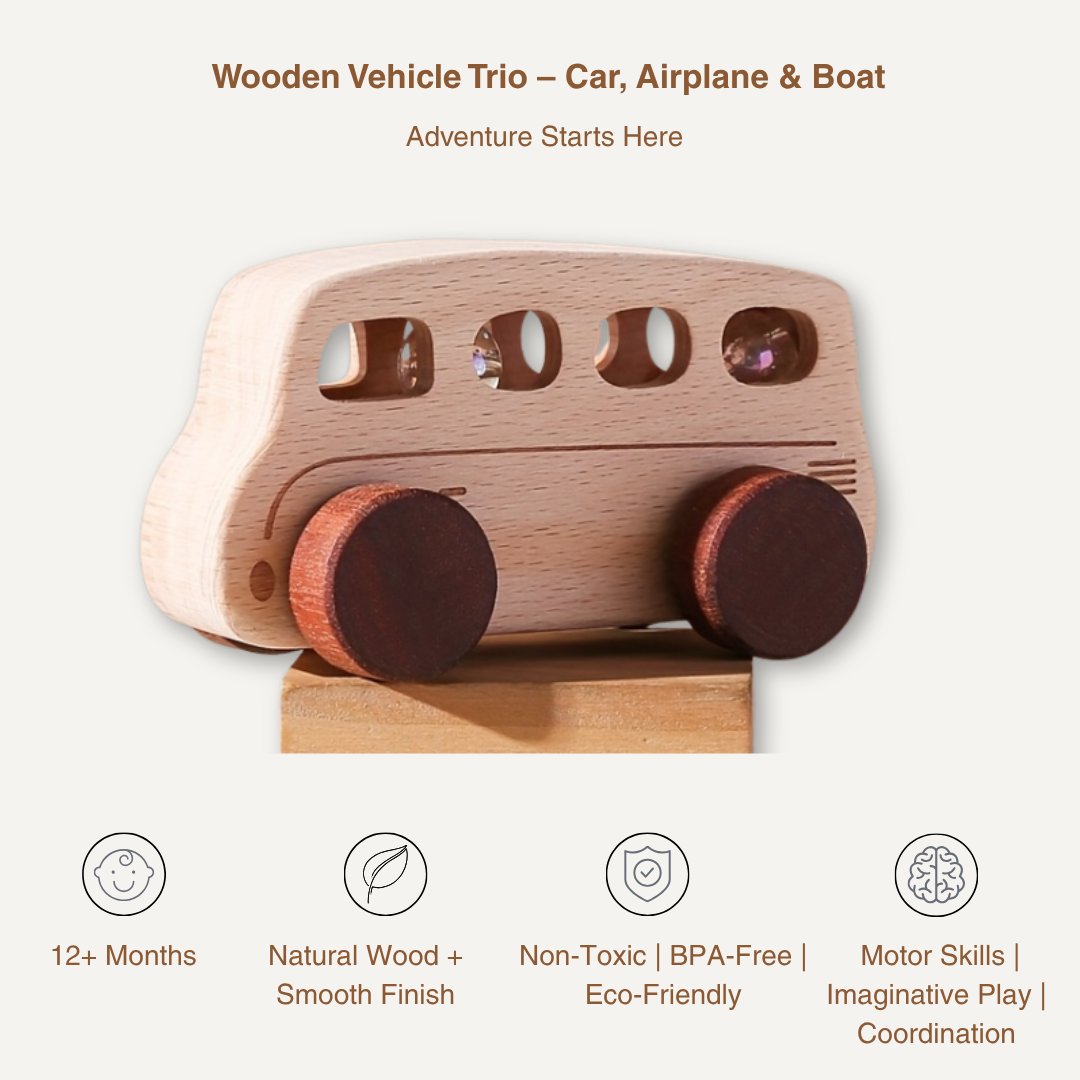 Wooden Vehicle Trio – Car, Airplane & Boat Set