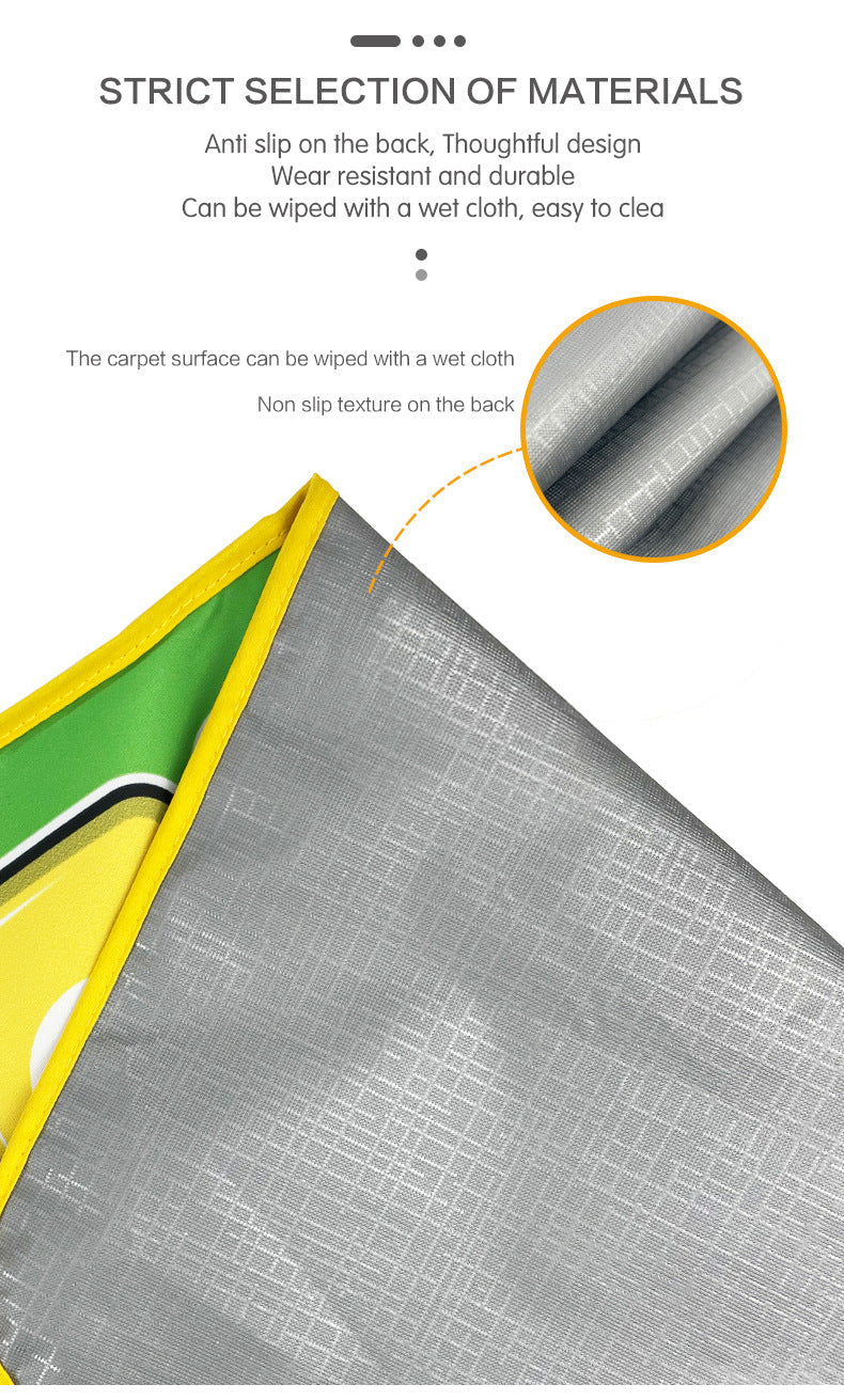 A close-up of the Toyfetti Musical Dance Piano Mat shows its non-slip, textured gray underside and yellow fabric border. Benefits include anti-slip back, durability, and easy cleaning—perfect movement & music fun for toddlers.