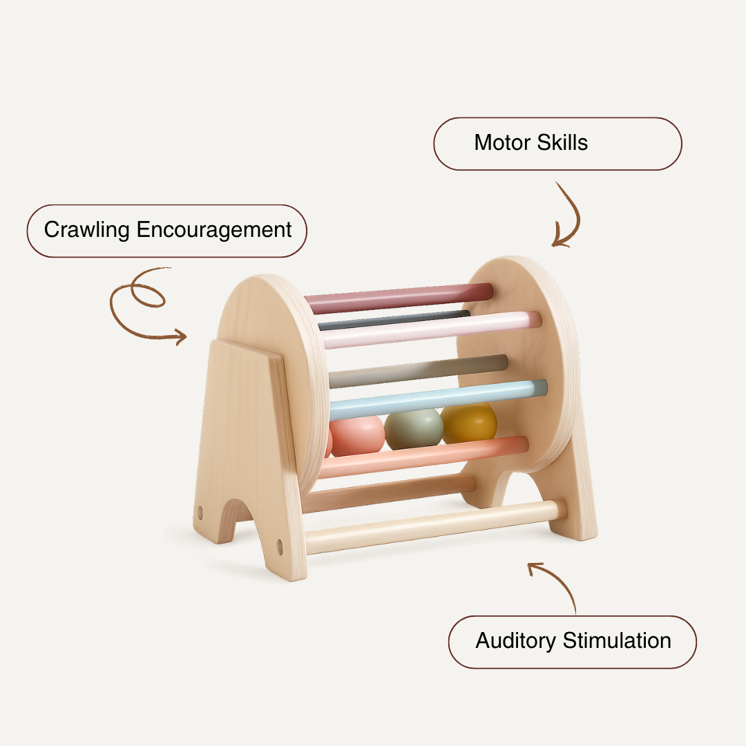 Toyfetti Rolling Wooden Drum Toy – Montessori Sensory Drum features colored rods and balls to encourage crawling, motor development, and auditory stimulation—perfect for early childhood development and musical play.