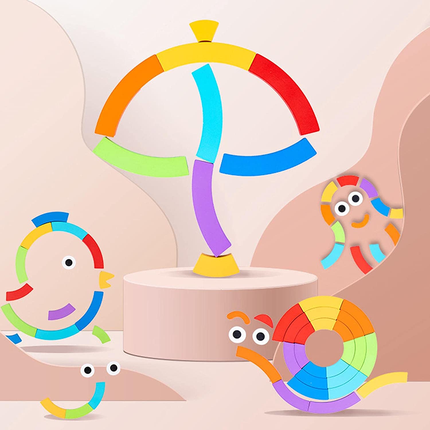 The Toyfetti CreativeShape Board – Color & Pattern Wooden Puzzle Set features colorful geometric pieces arranged into playful figures like a snail, bird, tree, and faces on a pastel background—a fun, screen-free activity for kids.