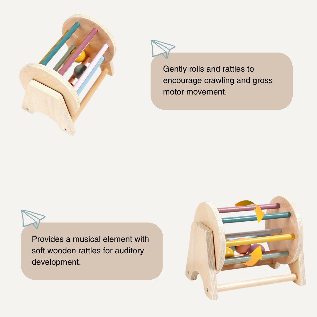 The Toyfetti Rolling Wooden Drum Toy – Montessori Sensory Drum is shown from two angles, featuring colorful rods and balls. It encourages crawling, offers gentle rattles for auditory growth, and supports motor skills through interactive musical play.