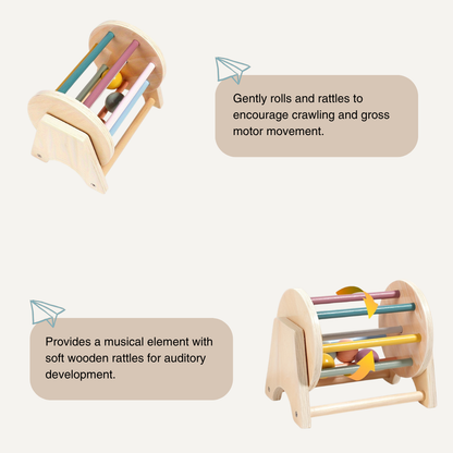 The Toyfetti Rolling Wooden Drum Toy – Montessori Sensory Drum is shown from two angles, featuring colorful rods and balls. It encourages crawling, offers gentle rattles for auditory growth, and supports motor skills through interactive musical play.