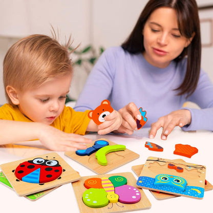 Montessori Animal Puzzles – 6-Piece Wooden Toddler Set for Ages