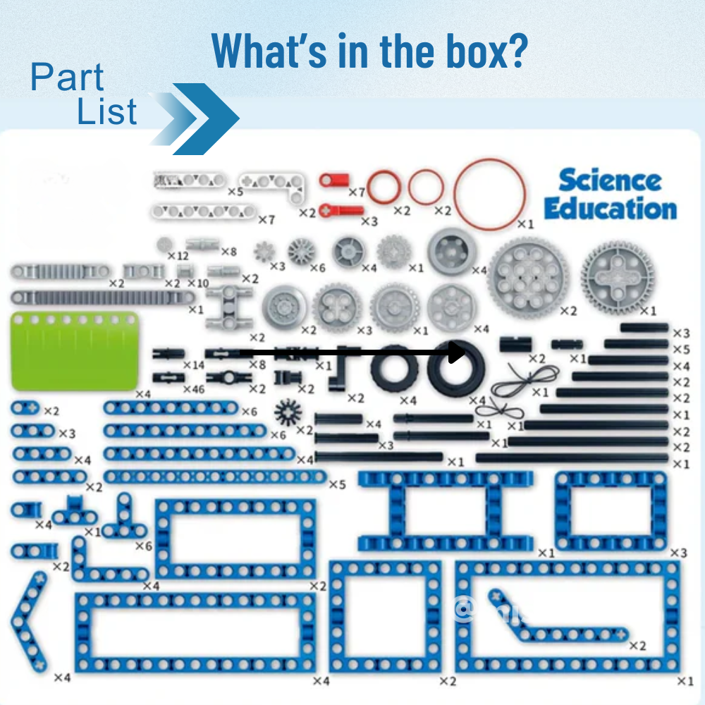 Image displaying all 293 parts of the Toyfetti Misfit Ingenio 56-in-1 STEM Building Kit: labeled metal and plastic pieces, gears, rods, wheels, and brackets for creative assembly. Text reads “What’s in the box?”.