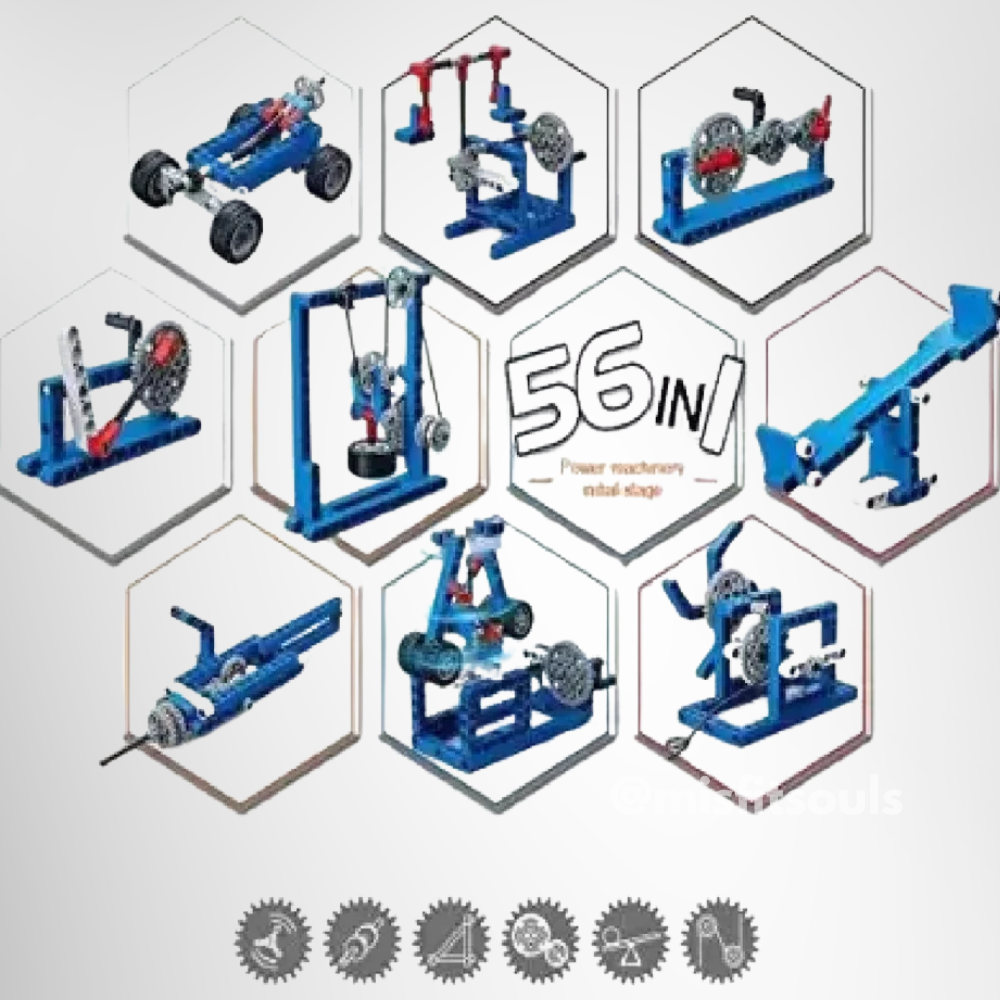 Diagram showing 10 blue and gray mechanical models in hexagons, labeled Misfit Ingenio 56-in-1 STEM Building Kit by Toyfetti—a 293-piece set ideal for aspiring engineers to explore simple machines.