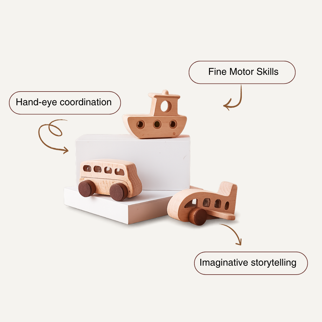Wooden Vehicle Trio – Car, Airplane & Boat Set