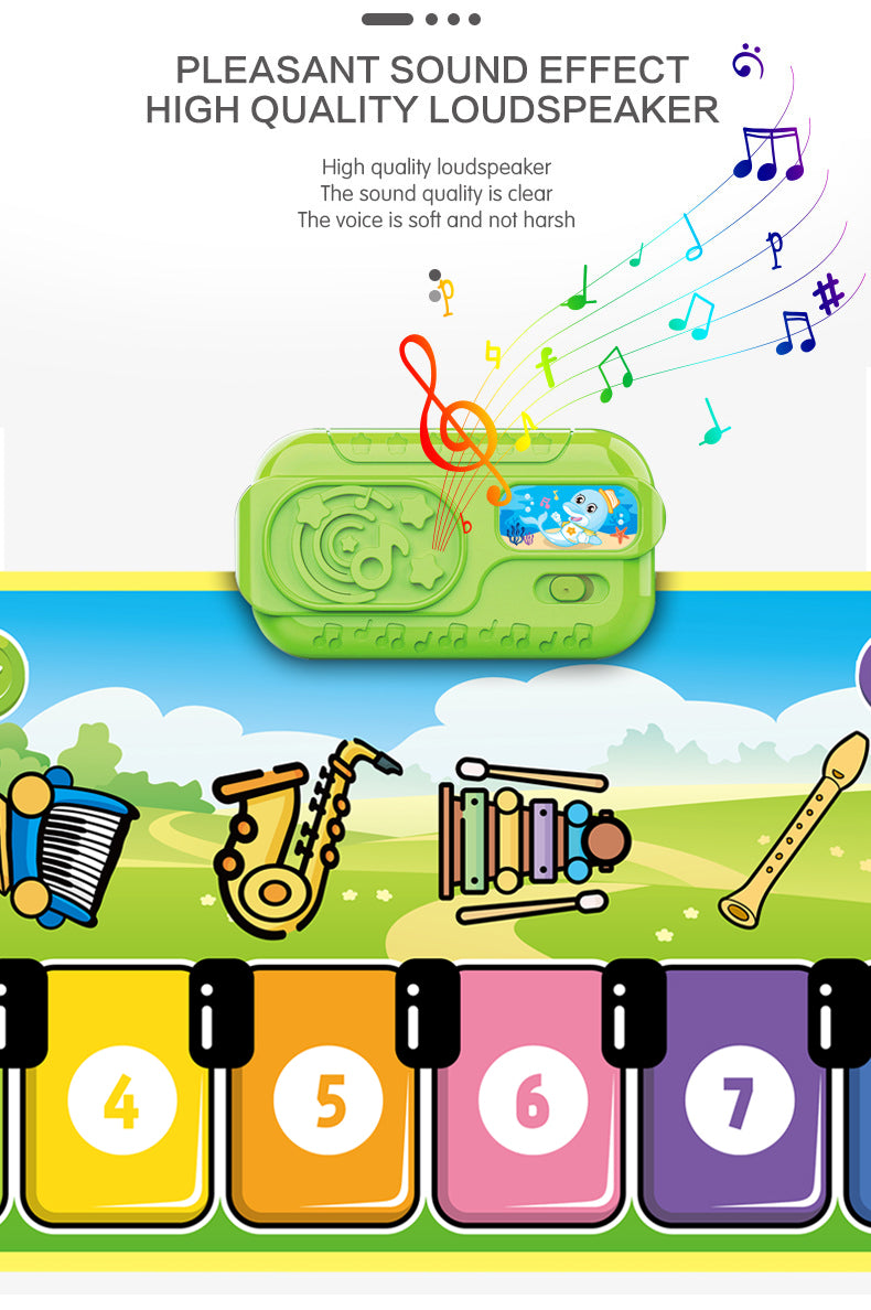The Toyfetti Musical Dance Piano Mat offers toddlers movement and music fun with numbered keys, cute instrument images, a green speaker, vibrant notes, and quality sound for an engaging play experience.