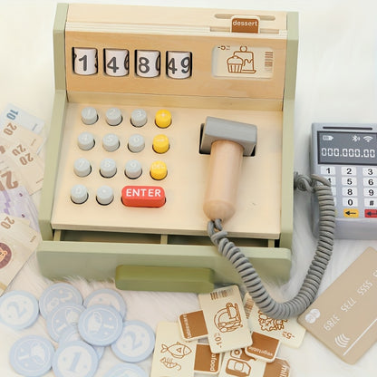 Wooden Kids Cash Register Playset – 35pcs Educational Pretend Shop-Toyfetti