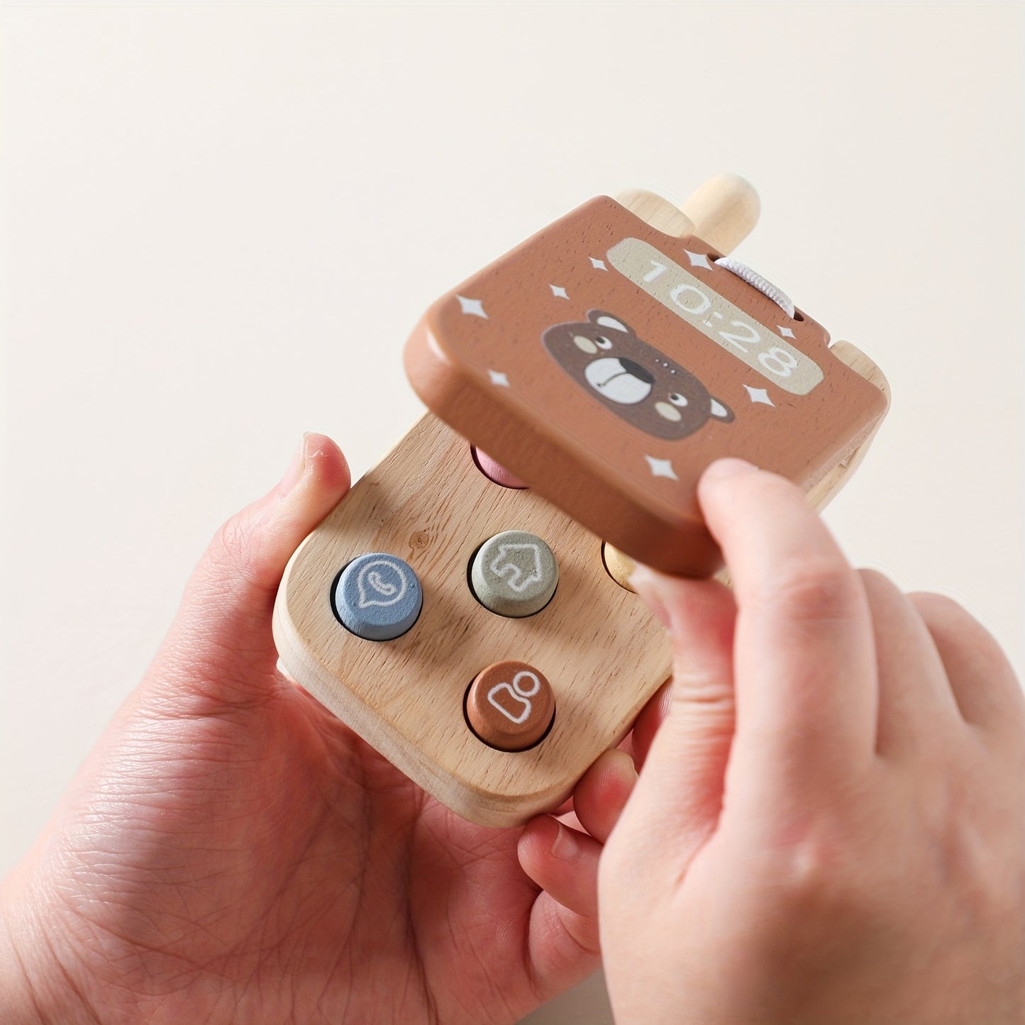 Wooden Bear Flip Phone Toy – Pretend Play Mobile with Mirror & Buttons-Toyfetti