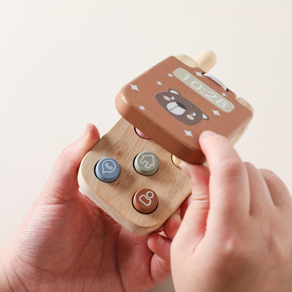 Wooden Bear Flip Phone Toy – Pretend Play Mobile with Mirror & Buttons-Toyfetti