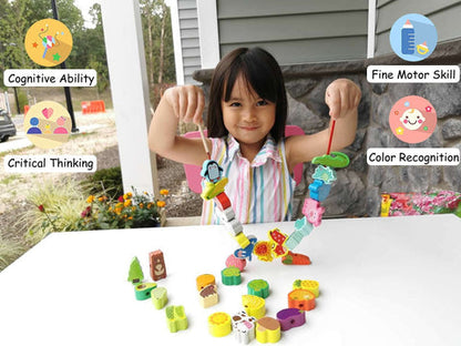 Montessori Wooden Lacing Set – Animals, Fruits & Veggies That Teach Through Play