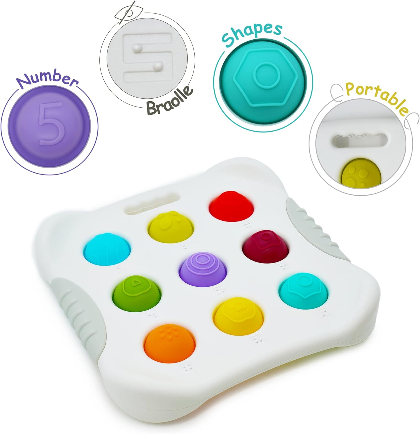 The Toyfetti Press & Learn Pop Toy – Sensory Bubble Fidget for Counting & Calm features nine colorful, shaped buttons with numbers and tactile Braille, including a purple 5 and blue hexagon, plus a portable handle for fun, inclusive counting play.