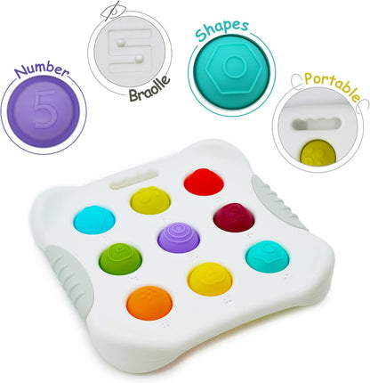 The Toyfetti Press & Learn Pop Toy – Sensory Bubble Fidget for Counting & Calm features nine colorful, shaped buttons with numbers and tactile Braille, including a purple 5 and blue hexagon, plus a portable handle for fun, inclusive counting play.
