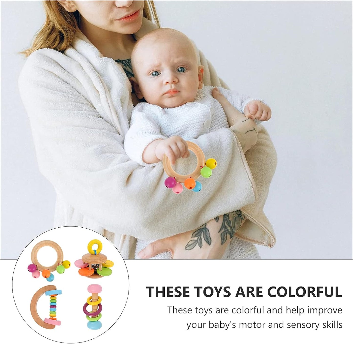 Montessori Wooden Rattles – 4-Piece Natural Sensory Set for Babies