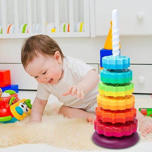 Rainbow Stacking Tower – Spinning Ring Toy for Motor Skills & Color Learning