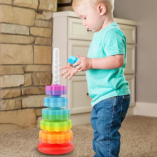 Rainbow Stacking Tower – Spinning Ring Toy for Motor Skills & Color Learning