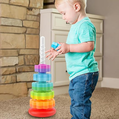 Rainbow Stacking Tower – Spinning Ring Toy for Motor Skills & Color Learning