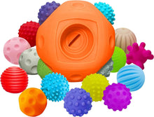 The Toyfetti Montessori Sensory Wonder Ball set features colorful textured balls and a large orange geometric ball with a center slot. These educational toys use patterns like bumps, ridges, and grooves to support fine motor skill development in babies and toddlers.