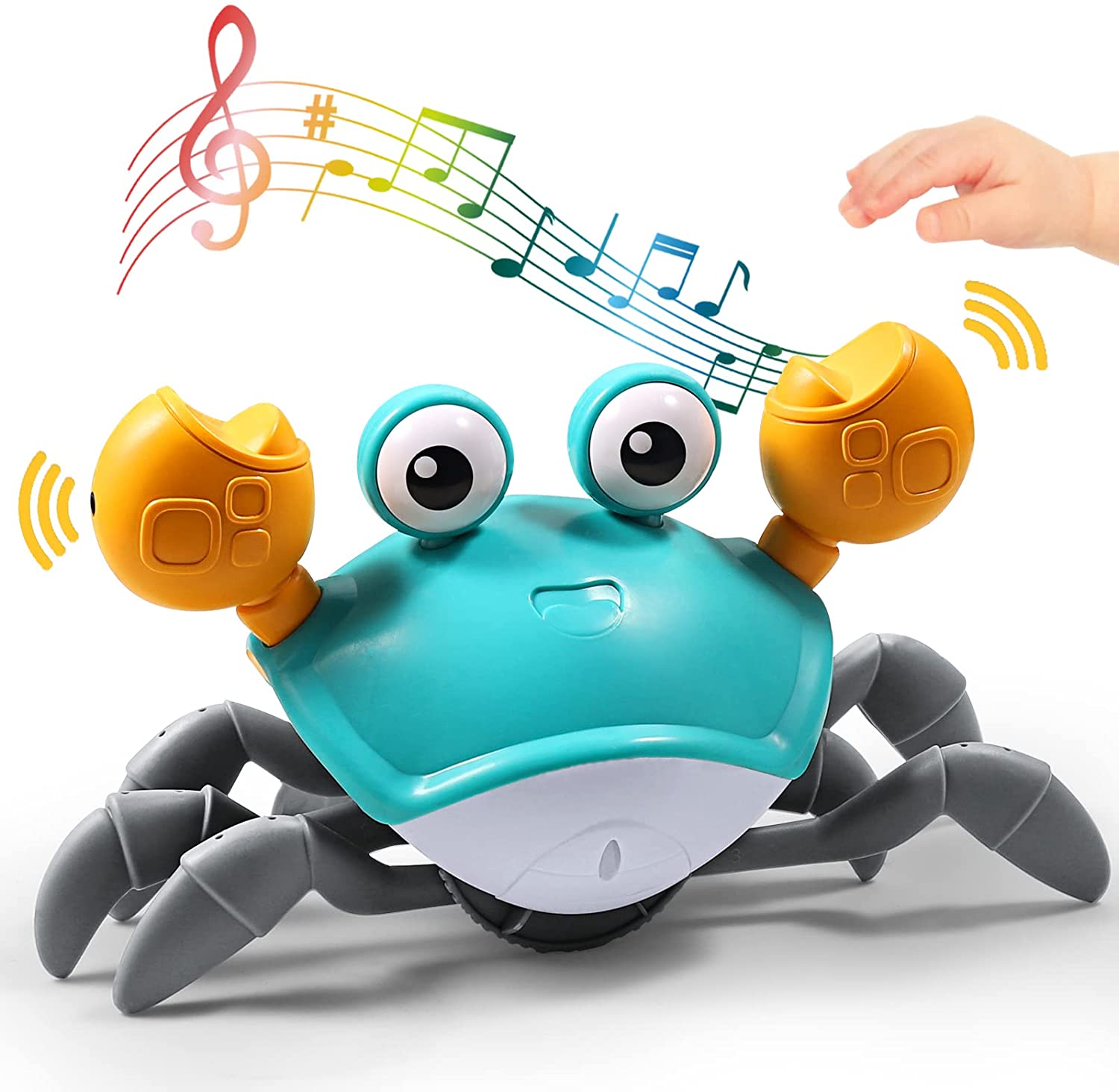 A childs hand reaches toward the Toyfetti HappyCrab – Crawling Companion with Lights & Music, a colorful toy with orange claws and big eyes. Musical notes and symbols float above, making tummy time lively and fun.