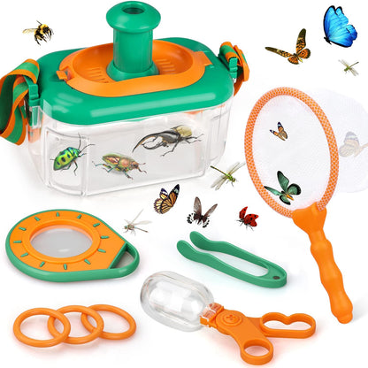 The Toyfetti Little Explorer Bug Catching Set – Nature Discovery Kit for Curious Kids includes a vibrant green and orange bug container, net, magnifying glass, tweezers, plastic jar, rings, and illustrated insects and butterflies.