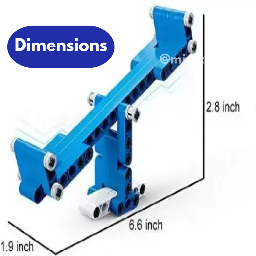The Toyfetti Misfit Ingenio 56-in-1 STEM Building Kit features a blue LEGO-style piece with various holes and connectors, ideal for kids’ engineering play. Dimensions: 6.6 L x 2.8 H x 1.9 W, labeled under Dimensions in a blue oval.