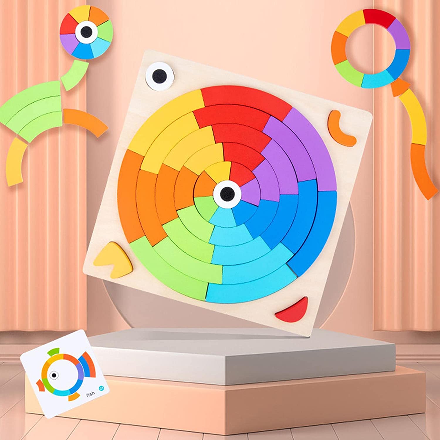 The Toyfetti CreativeShape Board – Color & Pattern Wooden Puzzle Set features rainbow arcs in concentric circles on a square board, comes with two playful figures and a pattern card—perfect for screen-free fun in any peach-toned room.