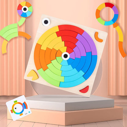The Toyfetti CreativeShape Board – Color & Pattern Wooden Puzzle Set features rainbow arcs in concentric circles on a square board, comes with two playful figures and a pattern card—perfect for screen-free fun in any peach-toned room.