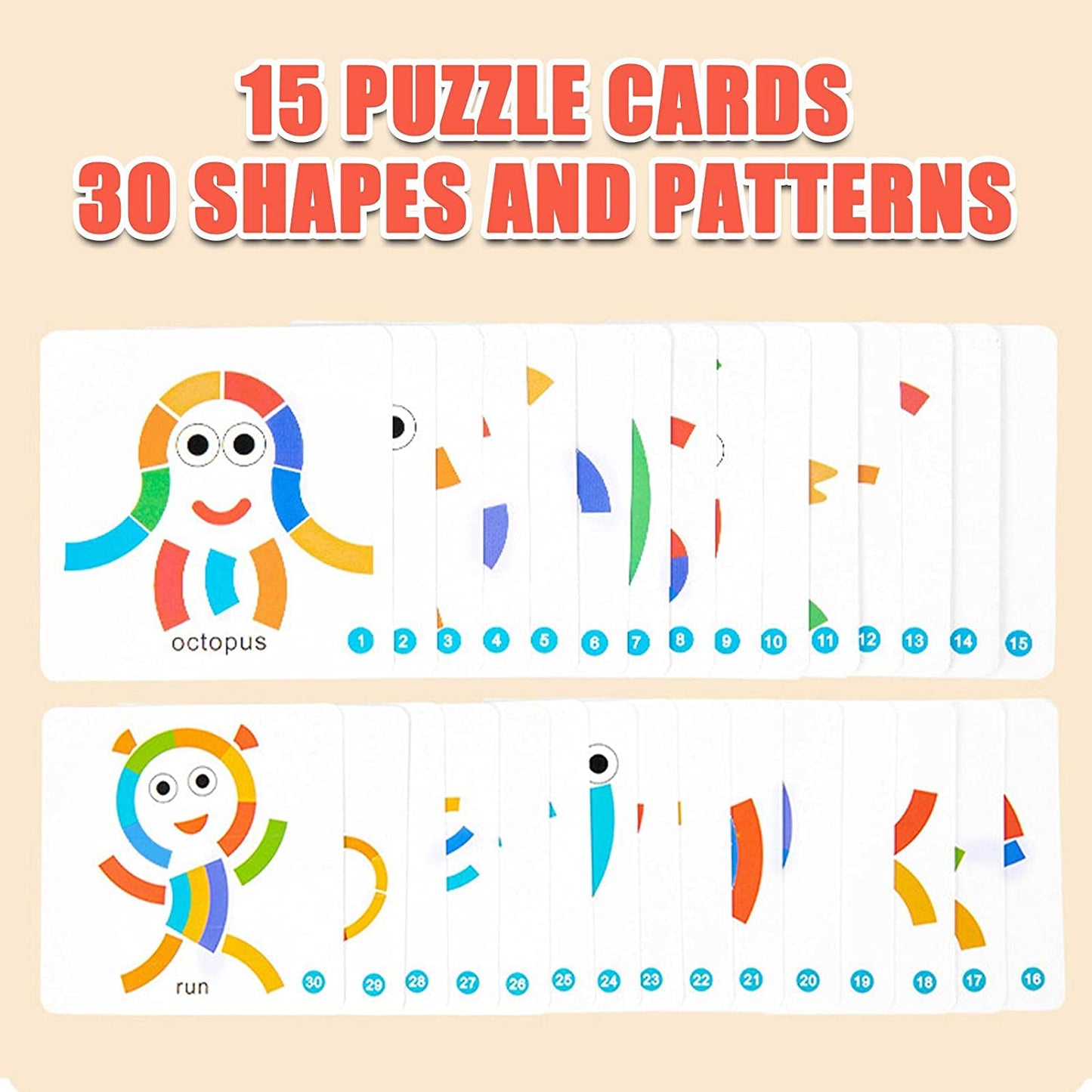 The Toyfetti CreativeShape Board – Color & Pattern Wooden Puzzle Set includes 15 puzzle cards with 30 shapes and patterns, plus two completed wooden puzzles (octopus and runner)—a colorful, screen-free activity.